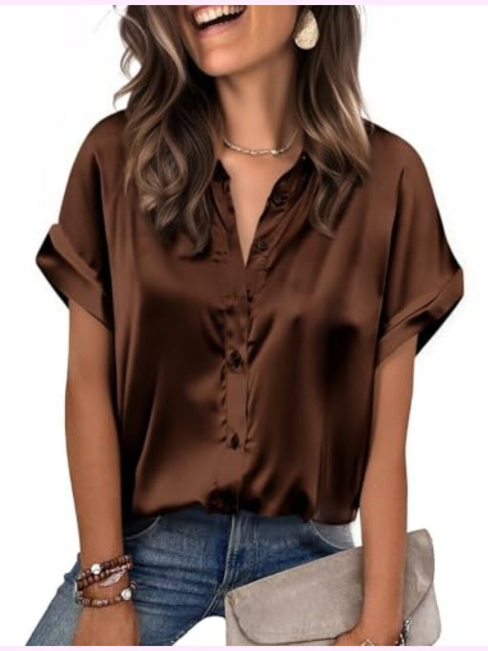 Satin Button Down Shirt Short Sleeve Blouse Business Casual Tops